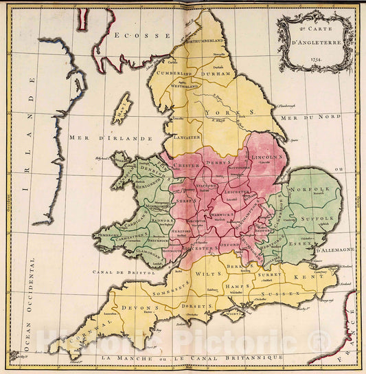 Historic Map : Angleterre., 1755, Vintage Wall Decor