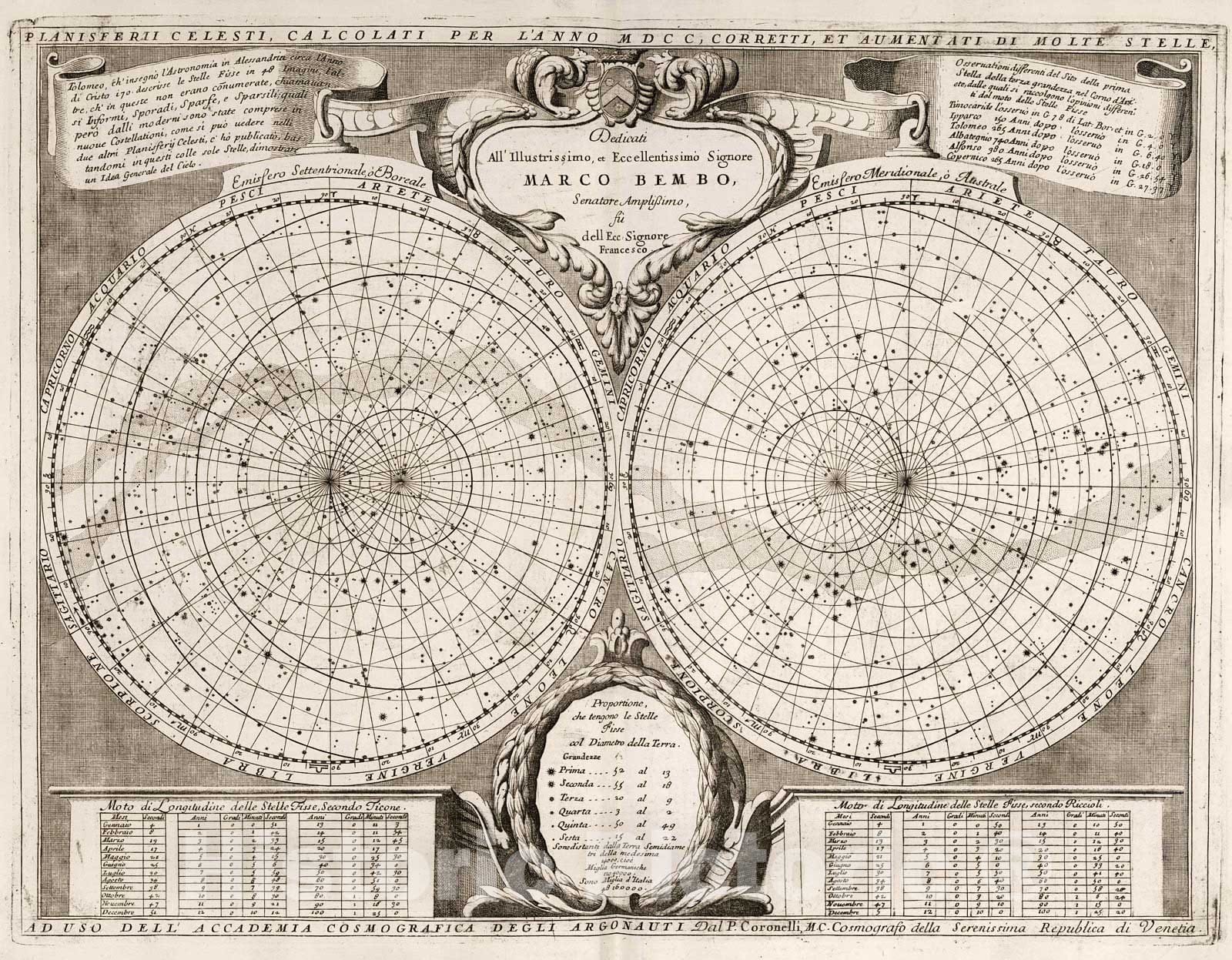 Historic Map : Planisferii Celesti, Calcolati Per L'Anno MDCC, Corretti, Et Aumenati Di Molte Stelle , 1700, Vincenzo Maria Coronelli, Vintage Wall Art