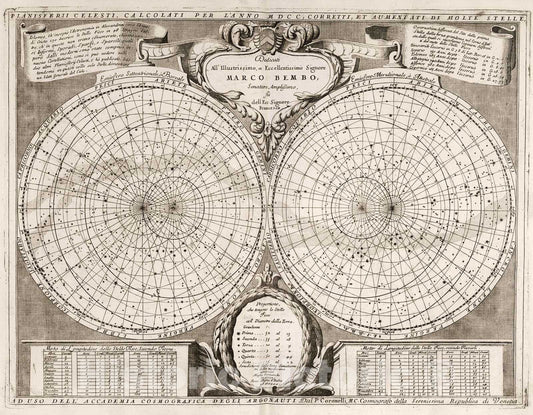 Historic Map : Planisferii Celesti, Calcolati Per L'Anno MDCC, Corretti, Et Aumenati Di Molte Stelle , 1700, Vincenzo Maria Coronelli, Vintage Wall Art