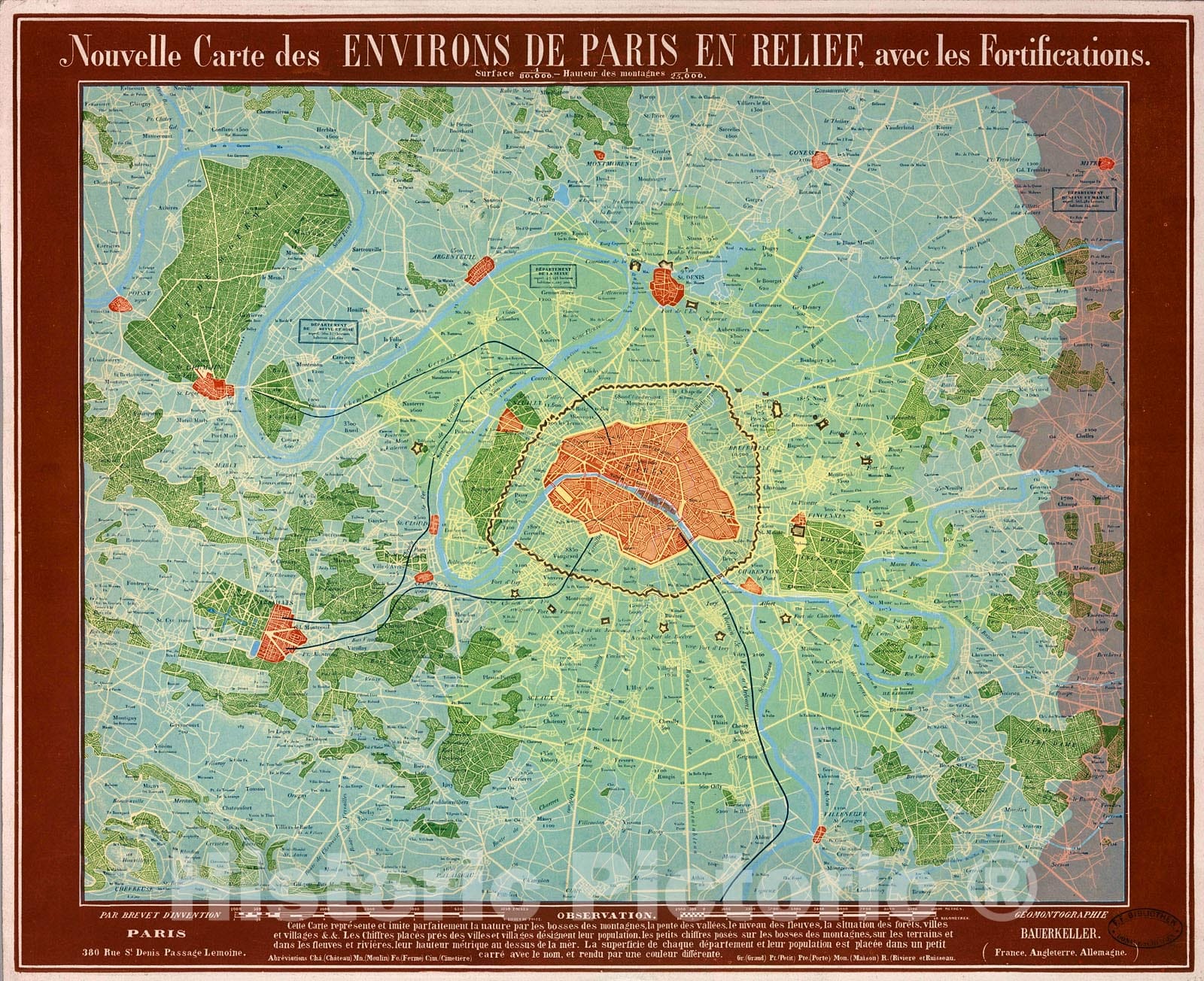 Historic Map : Nouvelle Carte des Environs de Paris en Relief, avec les Fortifications., 1843, Vintage Wall Decor