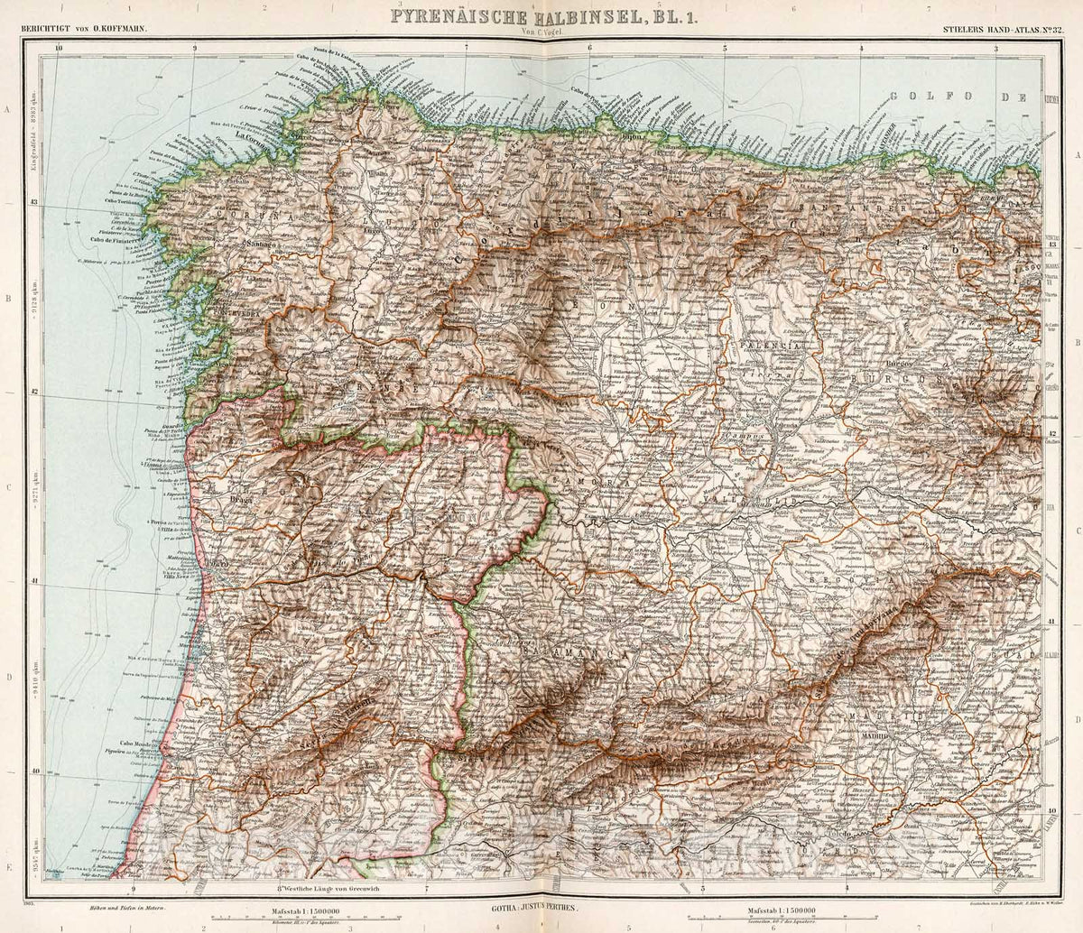 Historic Map : Pyrenaeische Halbinsel in four Blaettern, Bl. 1. Spanien und Portugal., 1905, Vintage Wall Decor