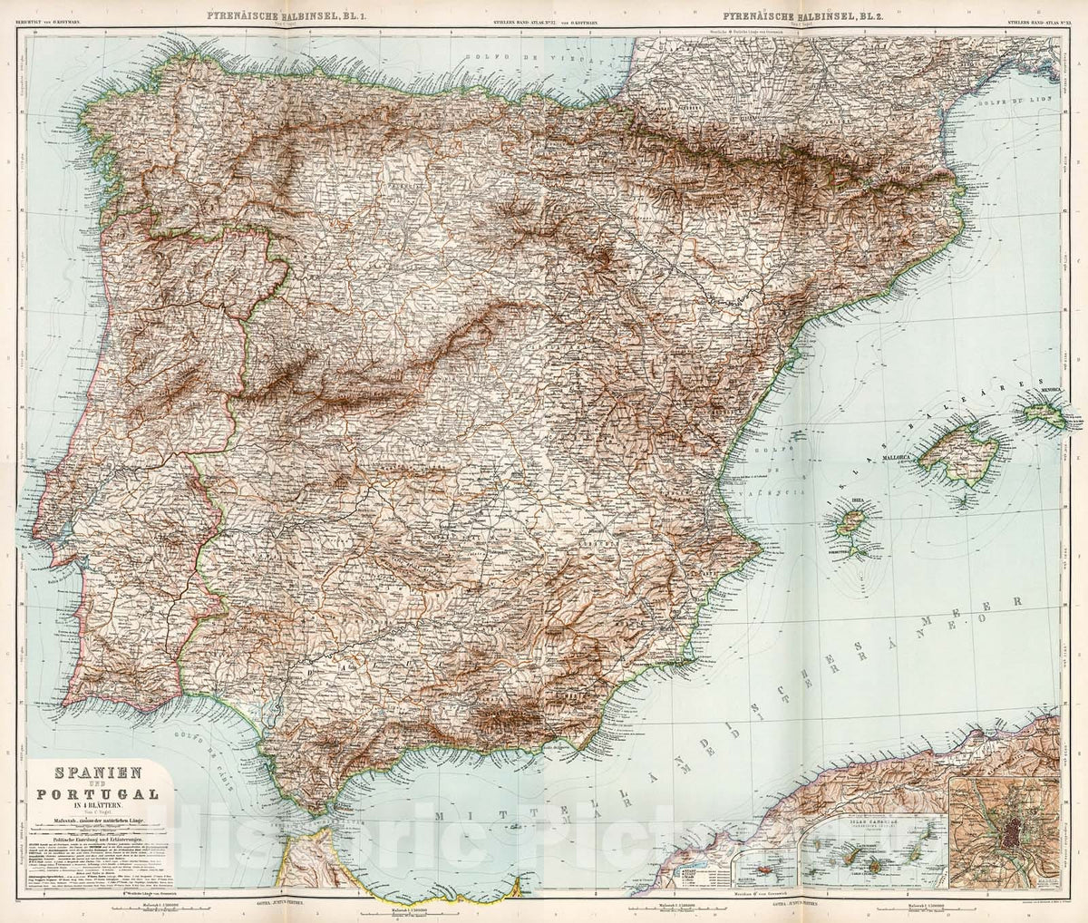 Historic Map : 32-35. Pyrenaeische Halbinsel in four Blaettern. Spanien und Portugal., 1905, Vintage Wall Decor