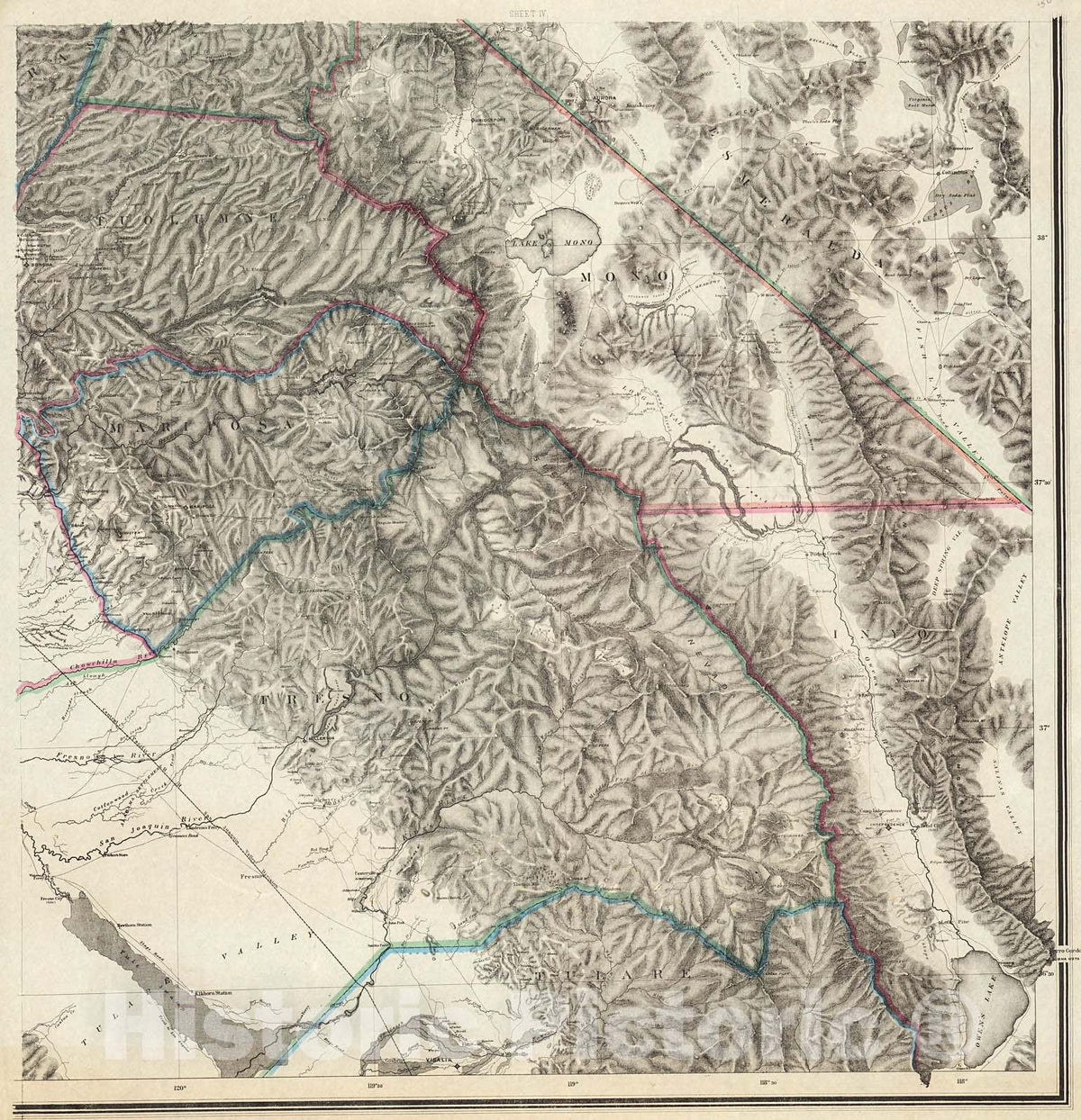 Historic Map : Topographical Map of Central California Together With a Part of Nevada, Sheet IV., 1873, Vintage Wall Decor