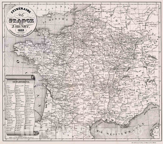 Historic Map : Itineraire de la France, 1842, Vintage Wall Decor
