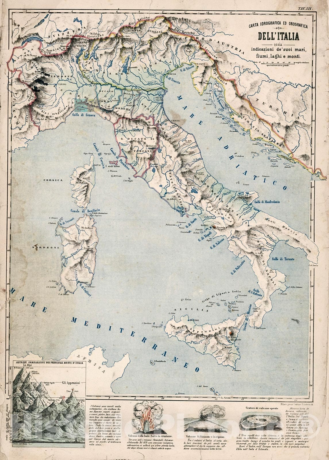 Historic Map : Tav. XII. Carta idrografica ed orografica dell'Italia, 1853, Vintage Wall Decor