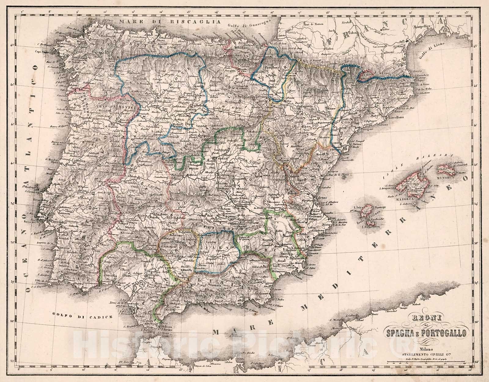 Historic Map : Regni di Spagna e Portogallo, 1853, Vintage Wall Decor