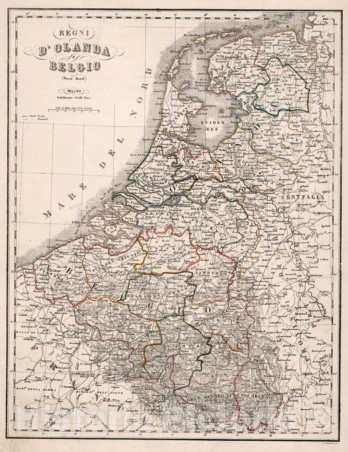 Historic Map : Regni d'Olanda e Belgio (Paesi Bassi)., 1853, Vintage Wall Decor