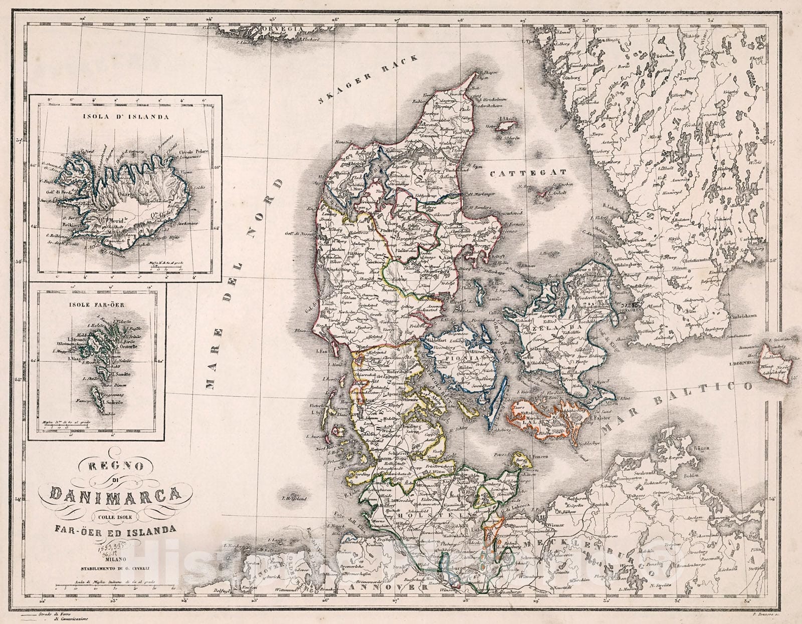Historic Map : Regno di Danimarca colle Isole Faroer ed Islanda, 1853, Vintage Wall Decor