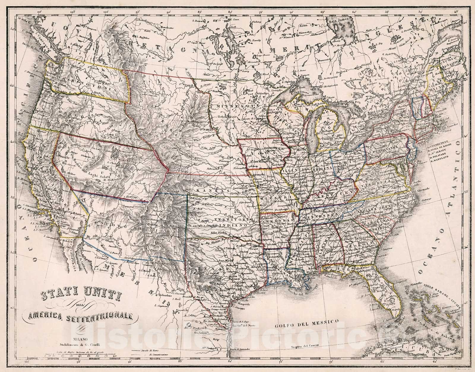 Historic Map : Stati Uniti dell America Settentrionale, 1853, Vintage Wall Decor