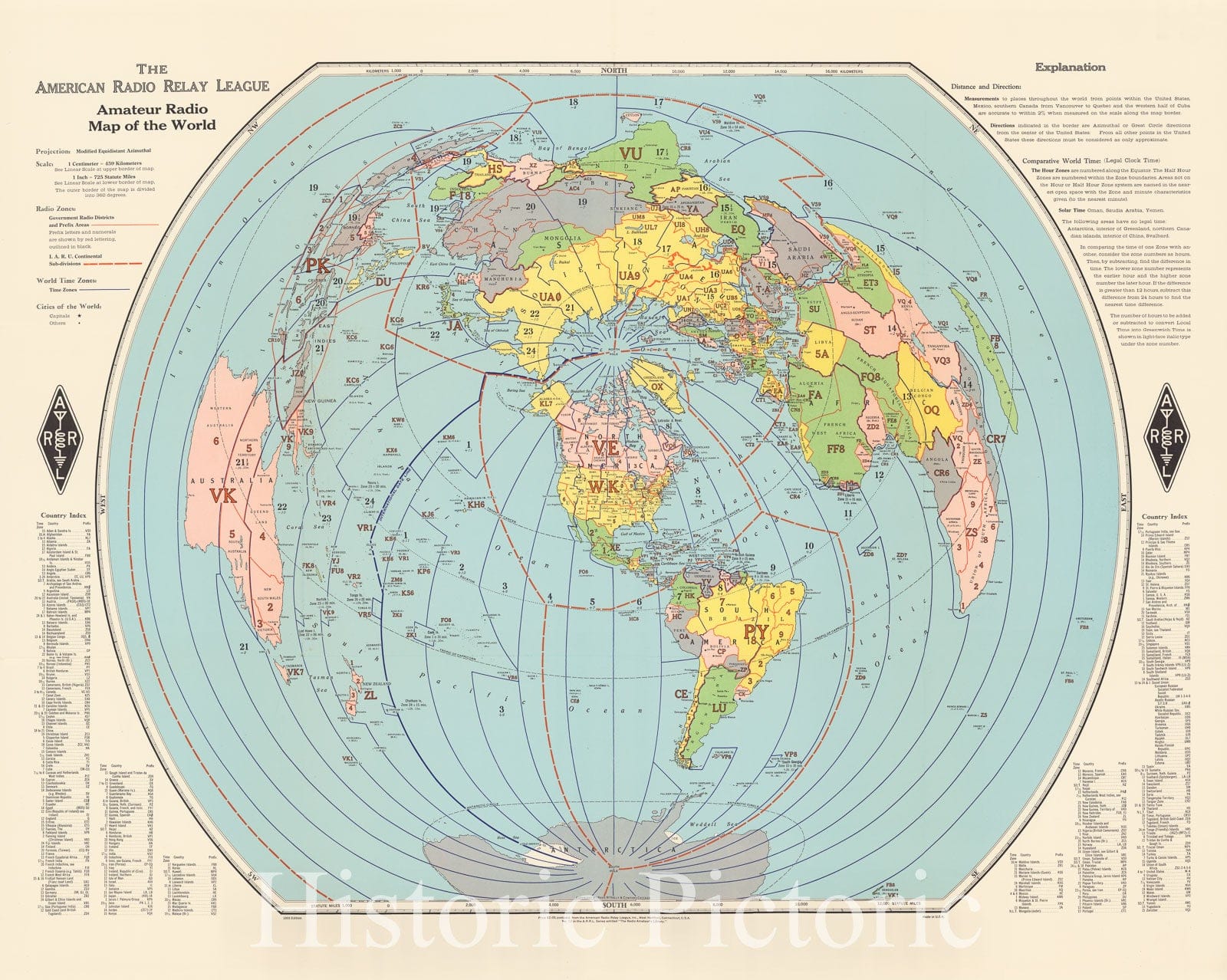 Historic Map : American Radio Relay League amateur radio map of the world, 1955, Vintage Wall Decor