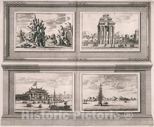 Historic Map : Rocks near Pekkinsa. b. Triumphal arch, Canton. c. a Magnificent House in China. d. Heytamon, 1728, Vintage Wall Decor