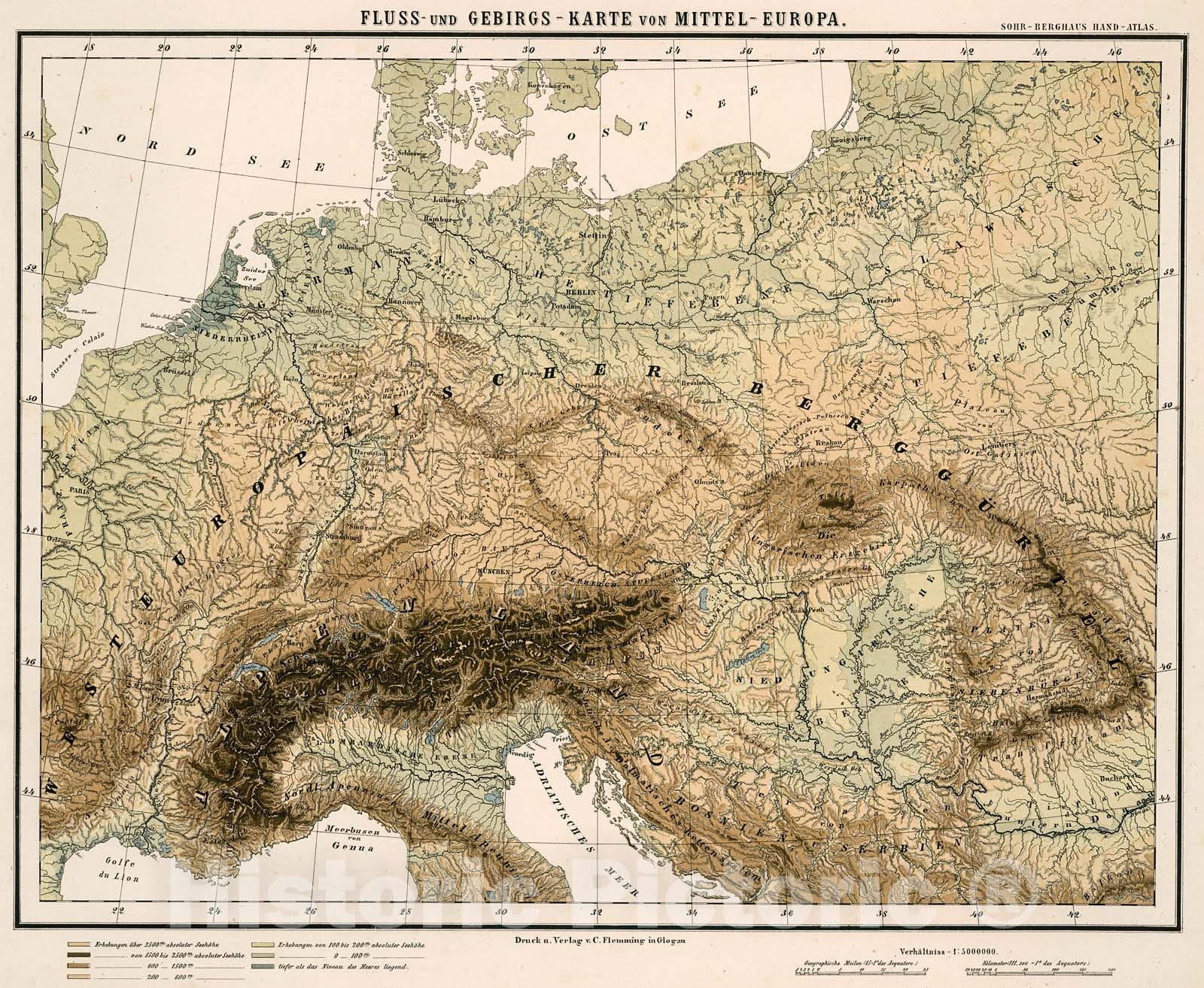 Historic Map : Fluss- und Gebirgs-Karte von Mittel-Europa, 1884, Vintage Wall Decor