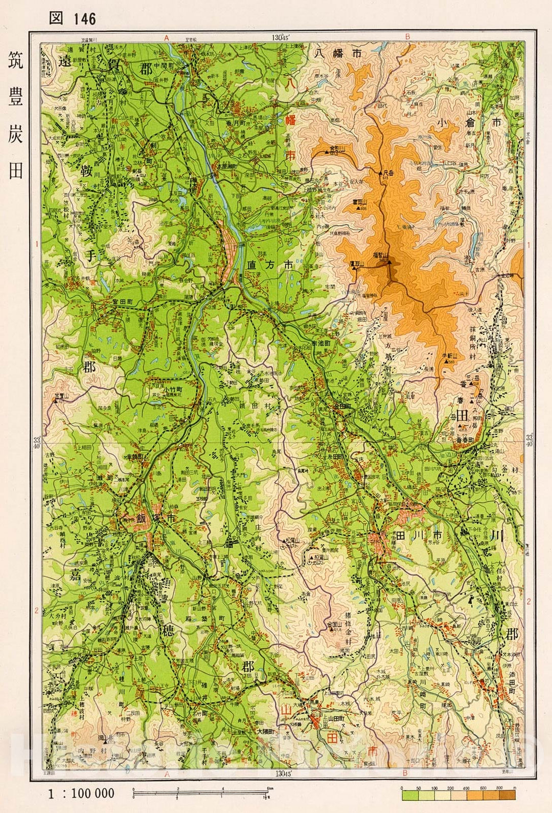 Historic Map : Chikuho coal field, Japan, 1956, Vintage Wall Decor