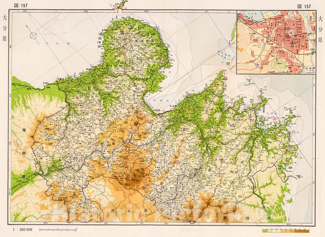 Historic Map : Oita Prefecture, Japan, 1956, Vintage Wall Decor