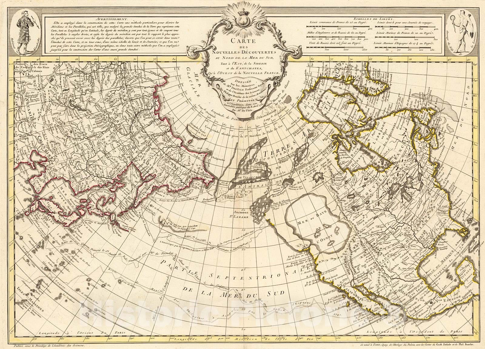 Historic Map : Carte Des Nouvelles Decouvertes Au Nord de la Mer de Sud, Tant a l'Est de la Siberie et du Kamtchatcka, c1750, Vintage Wall Art