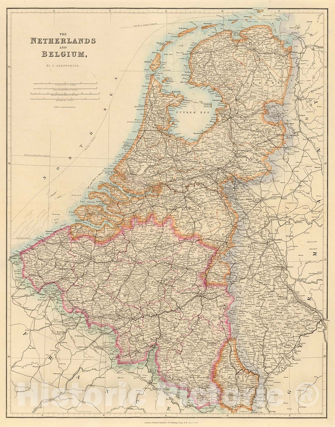 Historic Map : The Netherlands and Belgium, 1884, Vintage Wall Decor