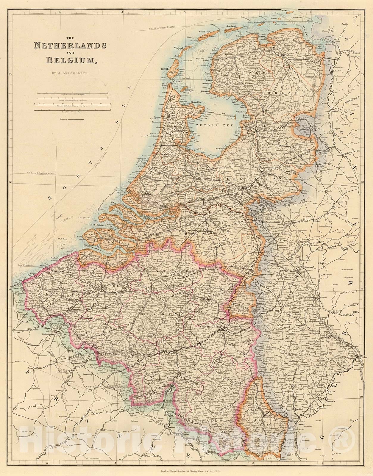 Historic Map : The Netherlands and Belgium, 1884, Vintage Wall Decor
