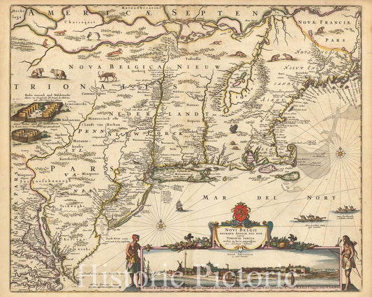 Historic Map : Novi Belgii Novaeque Angliae Nec Non partis Virginiae Tabula multis in locis emendata , 1656, Nicolaes Visscher I, Vintage Wall Art