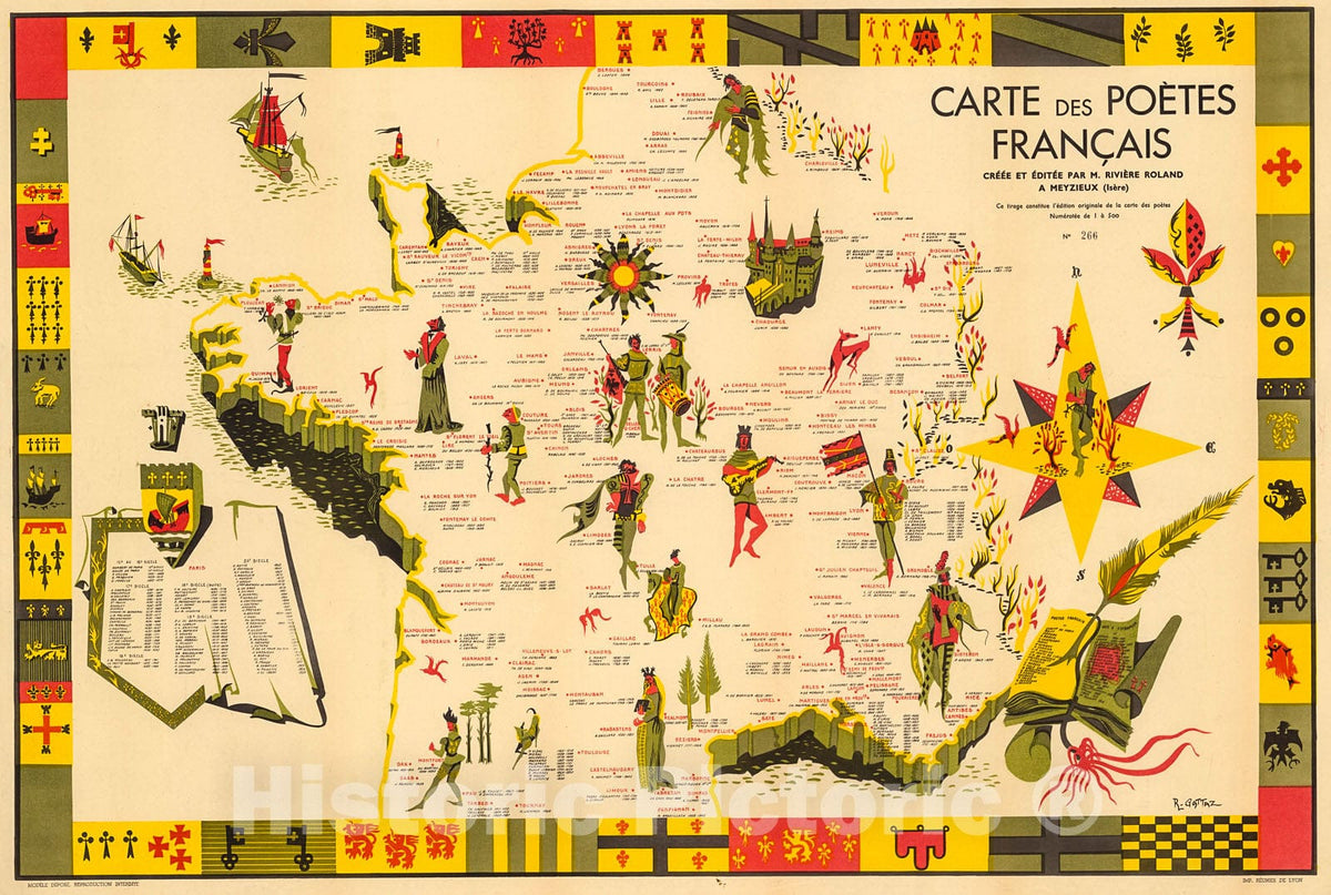 Historic Map : Carte des Poetes Francais, 1928, Vintage Wall Decor