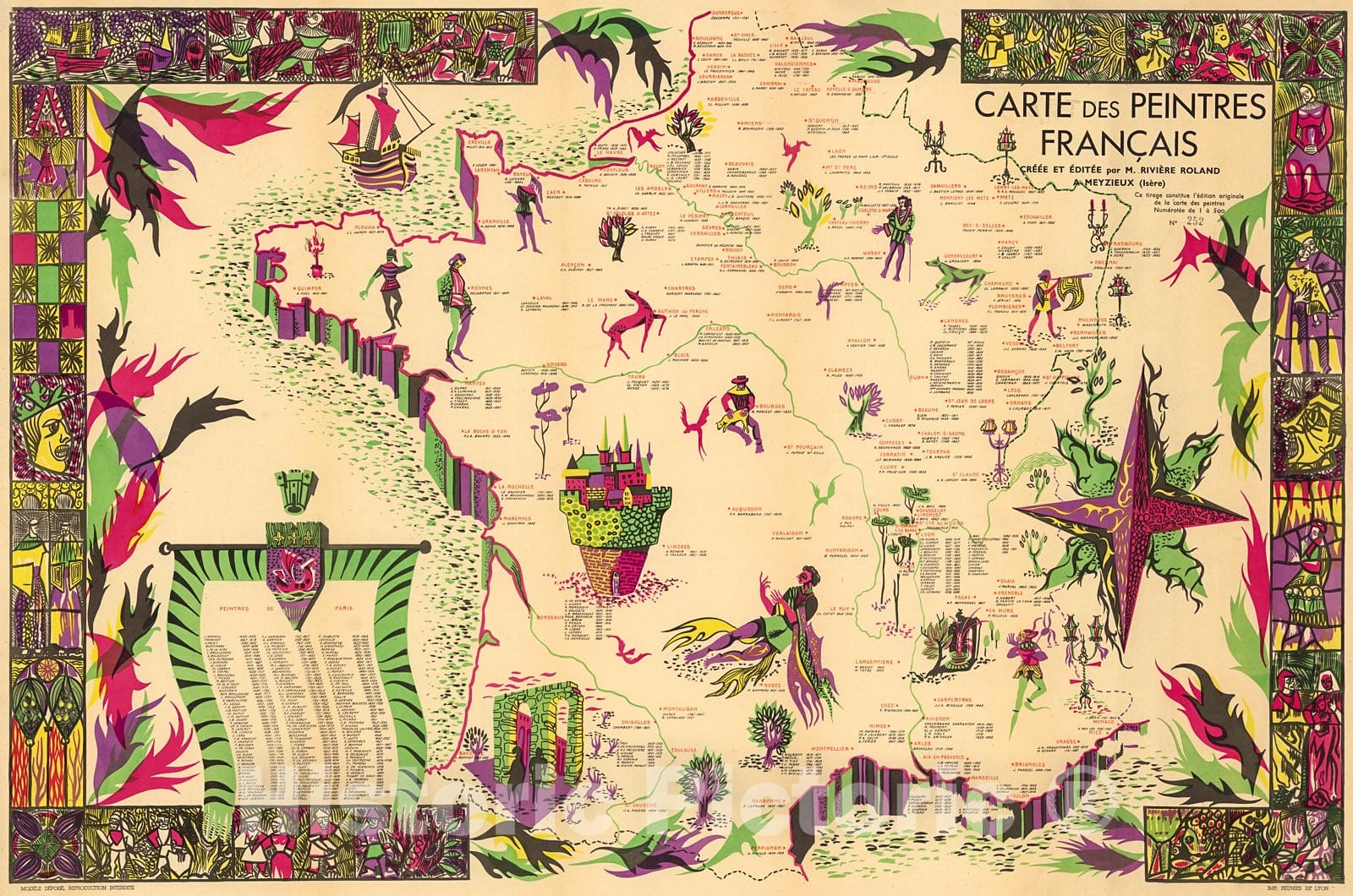 Historic Map : Carte des Peintres Francais, 1928, Vintage Wall Decor