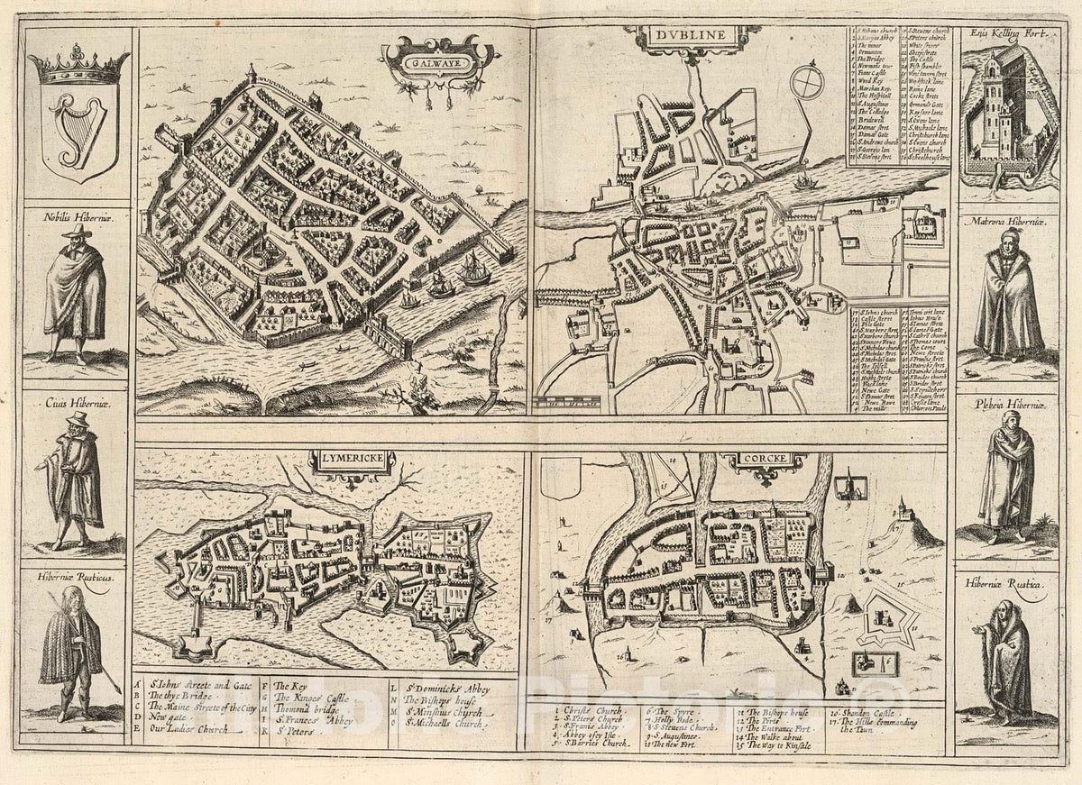Historic Map : Vol VI (3) Galwaye (Galway). Dubline (Dublin). Lymericke (Limerick). Corcke (Cork)., 1640, Vintage Wall Decor