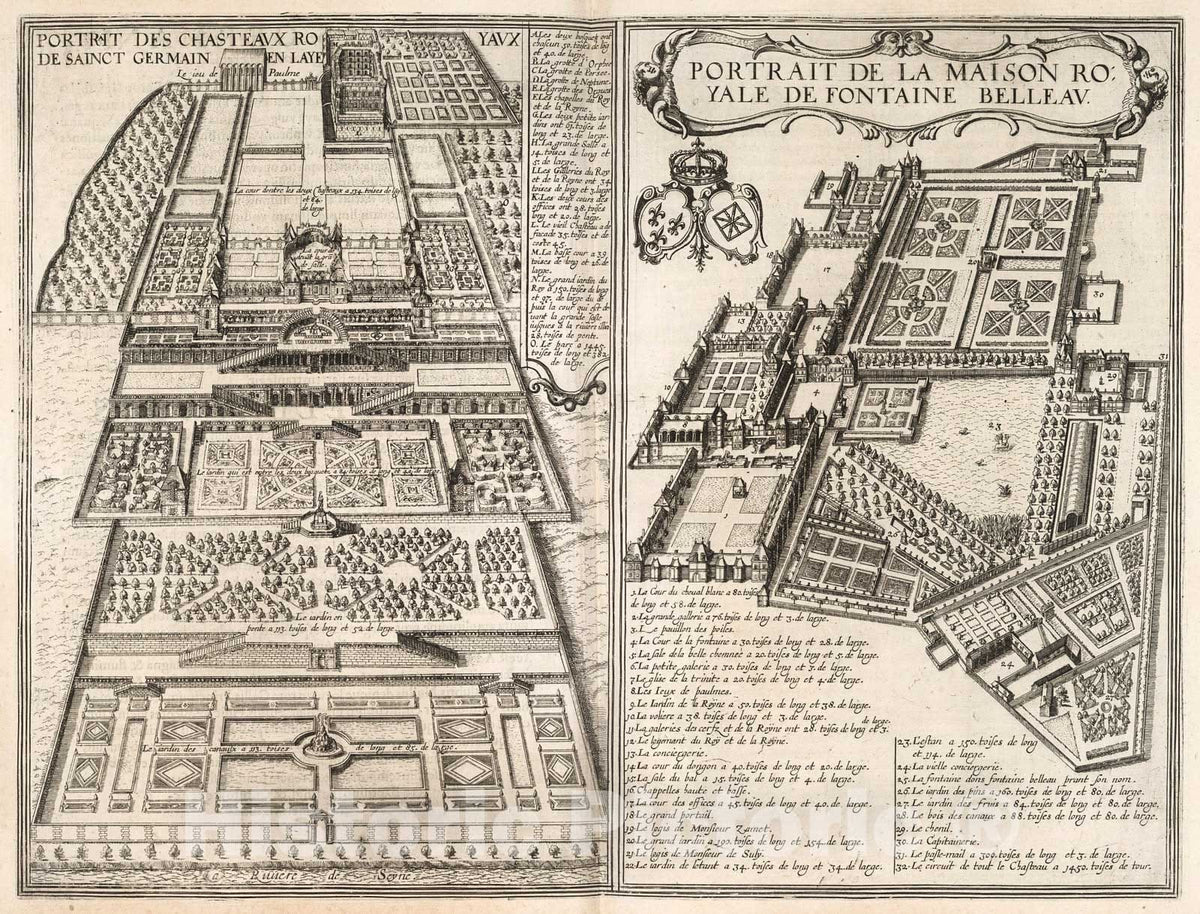 Historic Map : Portrait des Chasteaux Royaux de Sainct Germain En Laye. (Fontainebleau)., 1640, Vintage Wall Decor