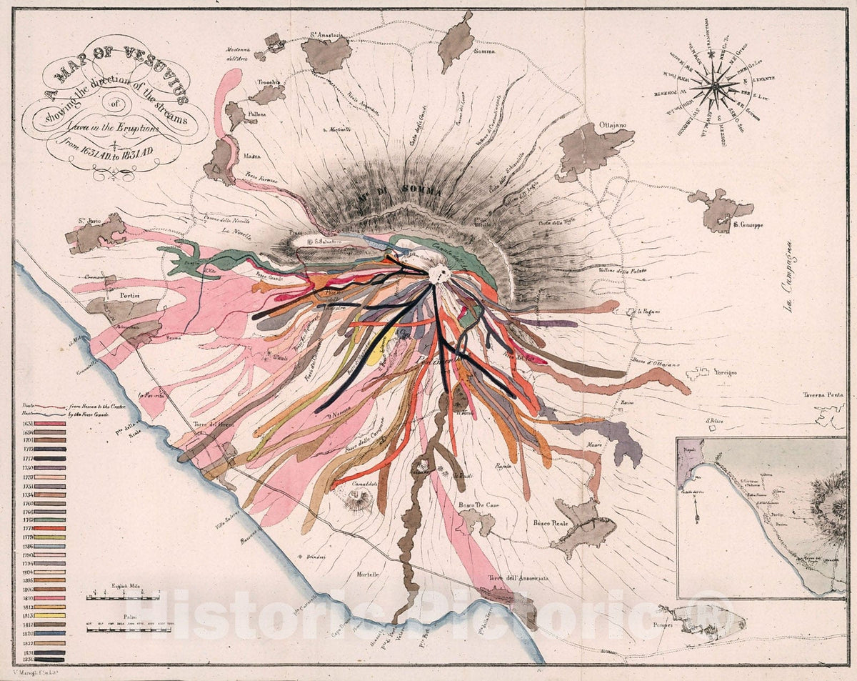 Historic Map : Map of Vesuvius showing the direction of the streams of Lava in the Eruptions from 1631 AD. to 1831 A.D., 1833, Vintage Wall Decor