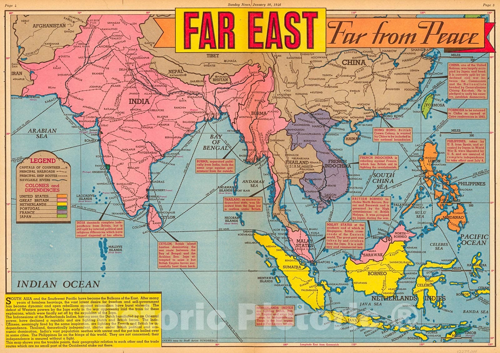 Historic Map : Far East Far from Peace. January 20, 1946., 1946, Vintage Wall Decor