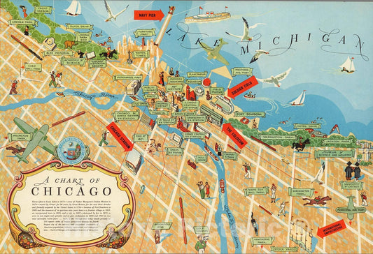 Historic Map : Chart of Chicago., 1945, Vintage Wall Decor