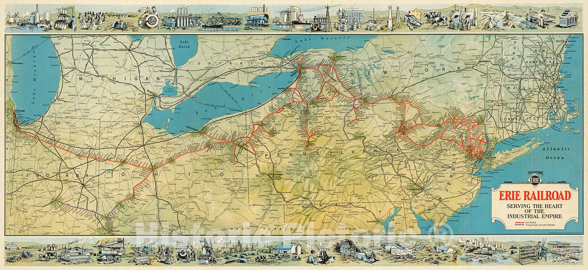 Historic Map : Erie Railroad Serving the Heart of the Industrial Empire., 1930, Vintage Wall Decor