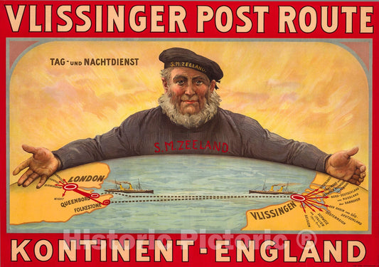 Historic Map : Vlissinger Post Route, Kontinent - England., 1909, Vintage Wall Decor