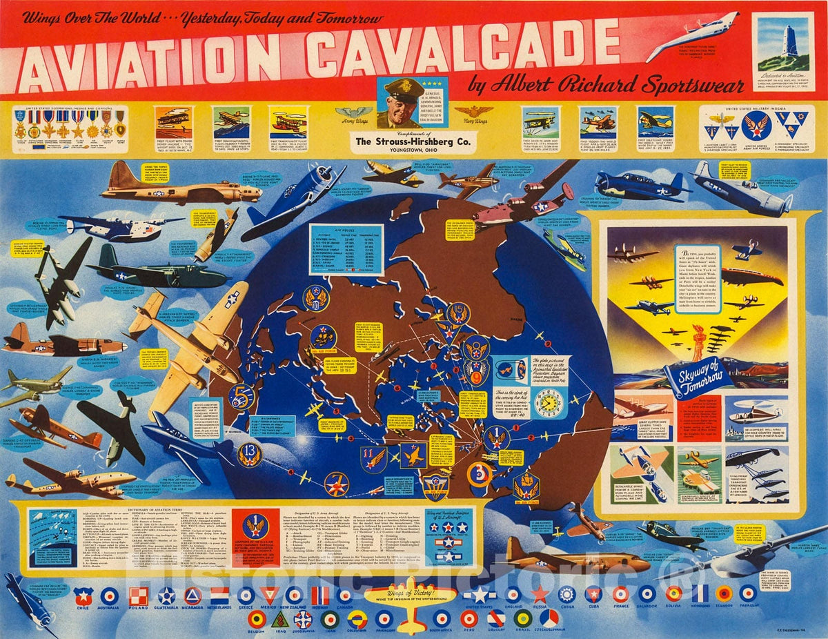 Historic Map - Wings Over The World - Yesterday, Today and Tomorrow. Aviation Cavalcade, 1944, F. E. Cheeseman - Vintage Wall Art