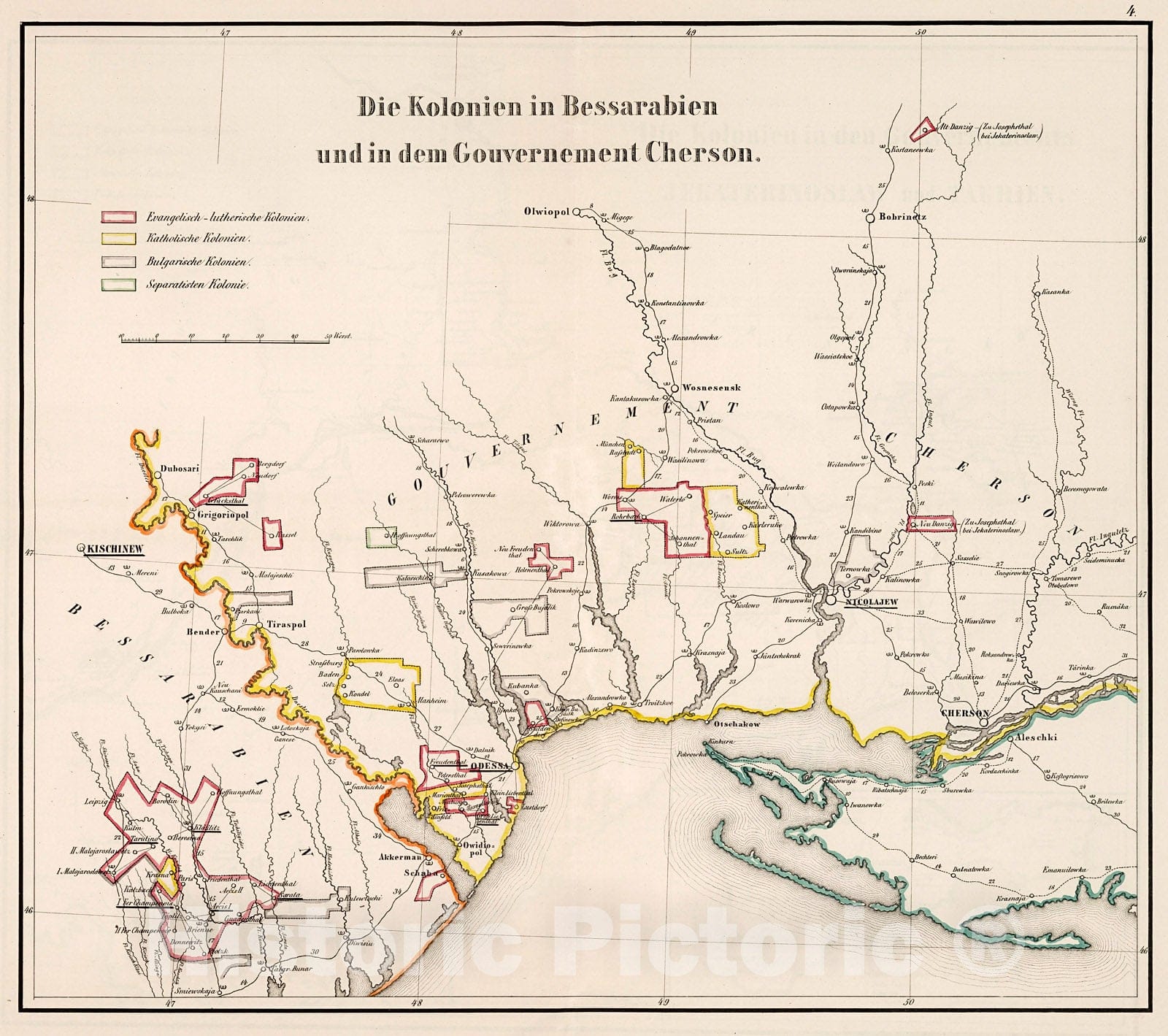 Historic Map : Die Kolonien in Bessarabien und in dem Gouvernement Cherson., 1855, Vintage Wall Decor
