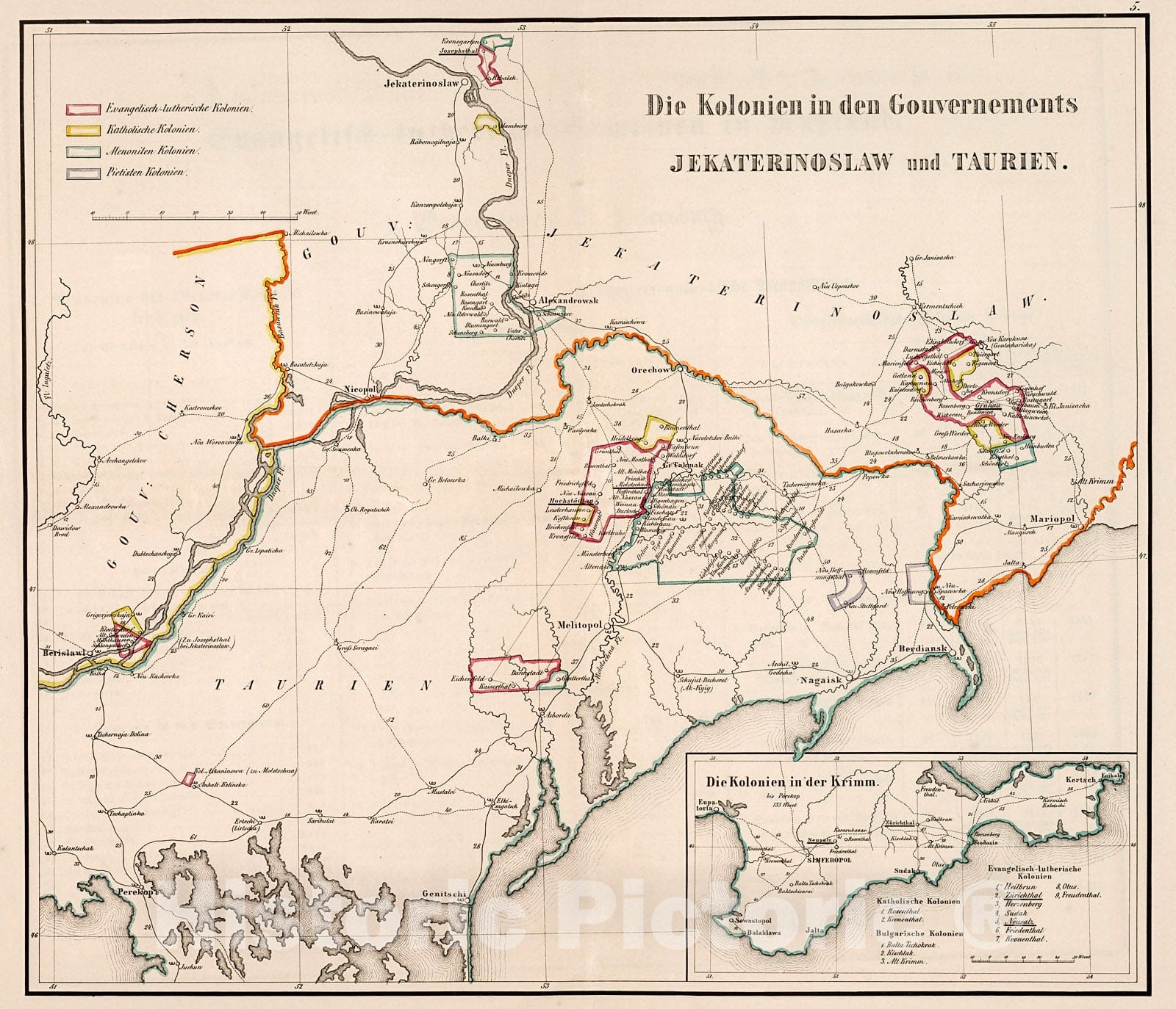 Historic Map : Die Kolonien in den Gouvernements Jekaterinoslaw und Taurien., 1855, Vintage Wall Decor