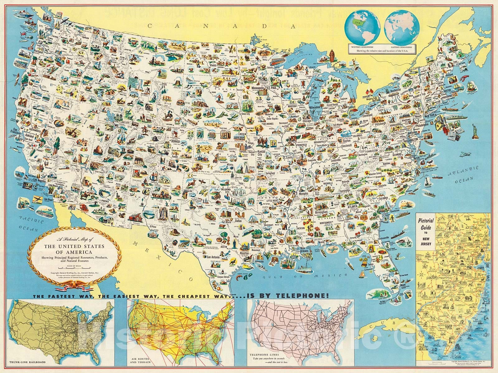 Historic Map : Pictorial Map of the United States of America., 1953, Vintage Wall Decor