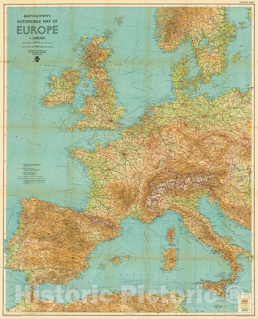 Historic Map : Bartholowmew's Automobile Map of Europe. Western Sheet., 1938, Vintage Wall Decor
