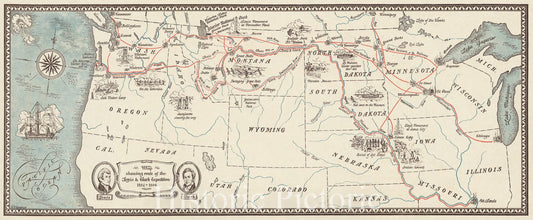 Historic Map : Map showing route of the Lewis & Clark Expedition 1804-1806., 1927, Vintage Wall Decor