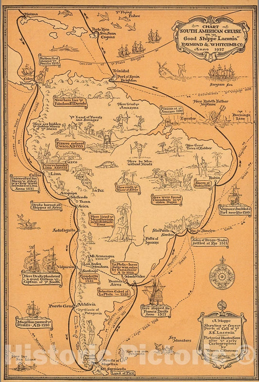 Historic Map : Chart South American Cruise on ye Good Shippe "Laconia"., 1927, Vintage Wall Decor