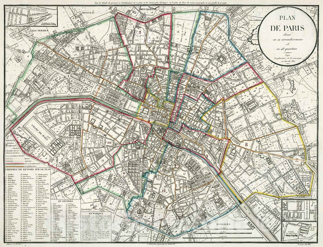 Historic Map : Plan de Paris divise en twelve arrondissemens et en forty-eight quartiers., 1821, Vintage Wall Decor