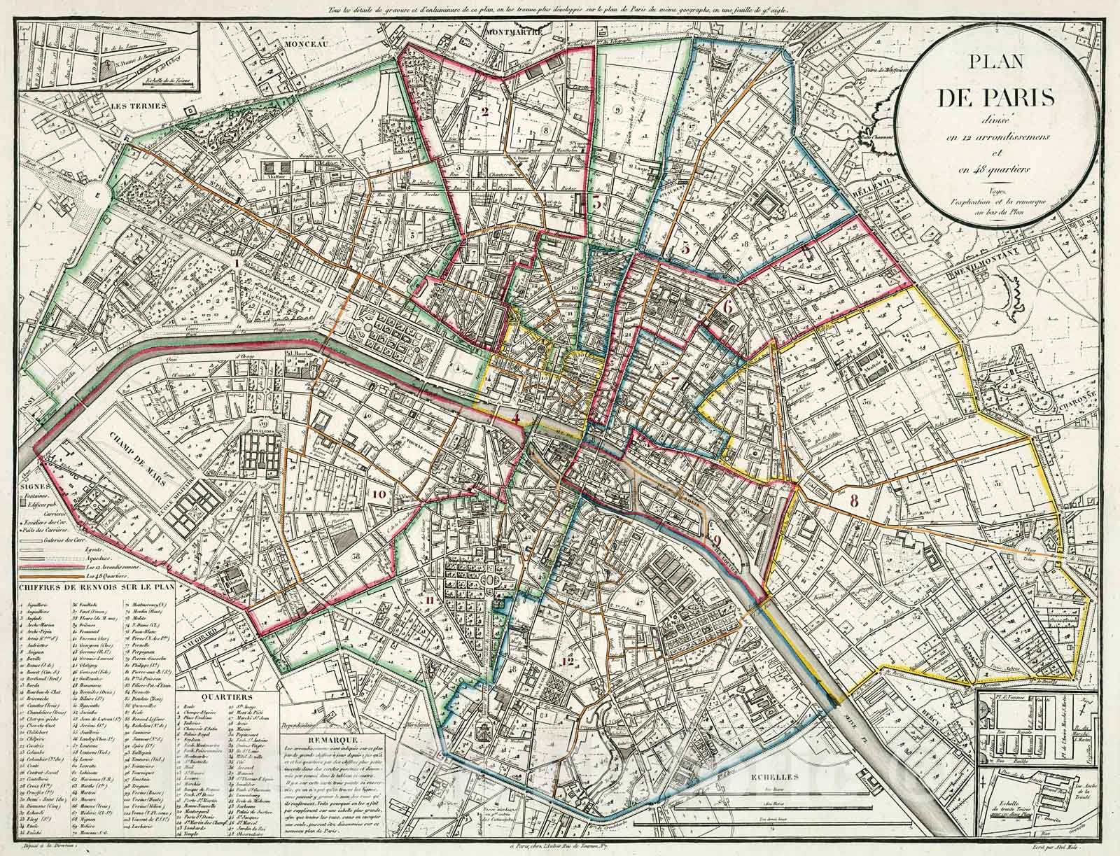 Historic Map : Plan de Paris divise en twelve arrondissemens et en forty-eight quartiers., 1821, Vintage Wall Decor