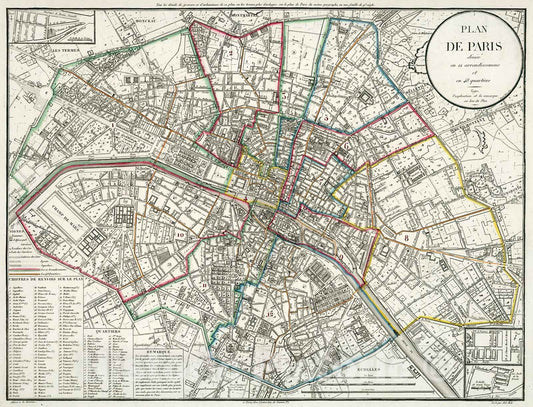Historic Map : Plan de Paris divise en twelve arrondissemens et en forty-eight quartiers., 1821, Vintage Wall Decor