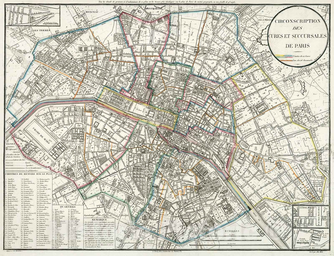 Historic Map : Circonscription des Cures et Succursales de Paris., 1821, Vintage Wall Decor