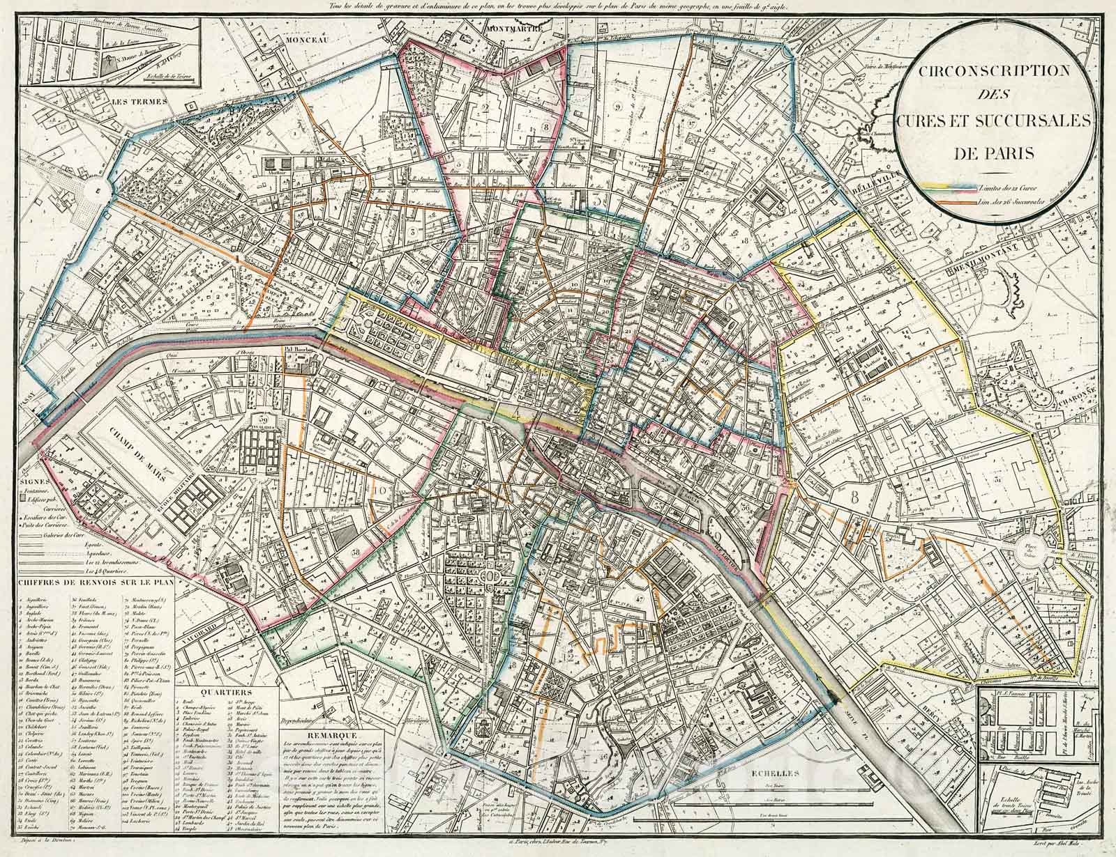 Historic Map : Circonscription des Cures et Succursales de Paris., 1821, Vintage Wall Decor