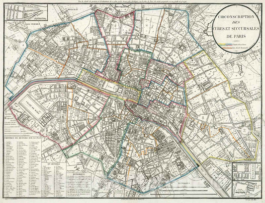 Historic Map : Circonscription des Cures et Succursales de Paris., 1821, Vintage Wall Decor