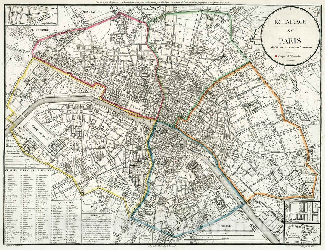 Historic Map : Eclairage de Paris divise en cinq arrondissemens., 1821, Vintage Wall Decor