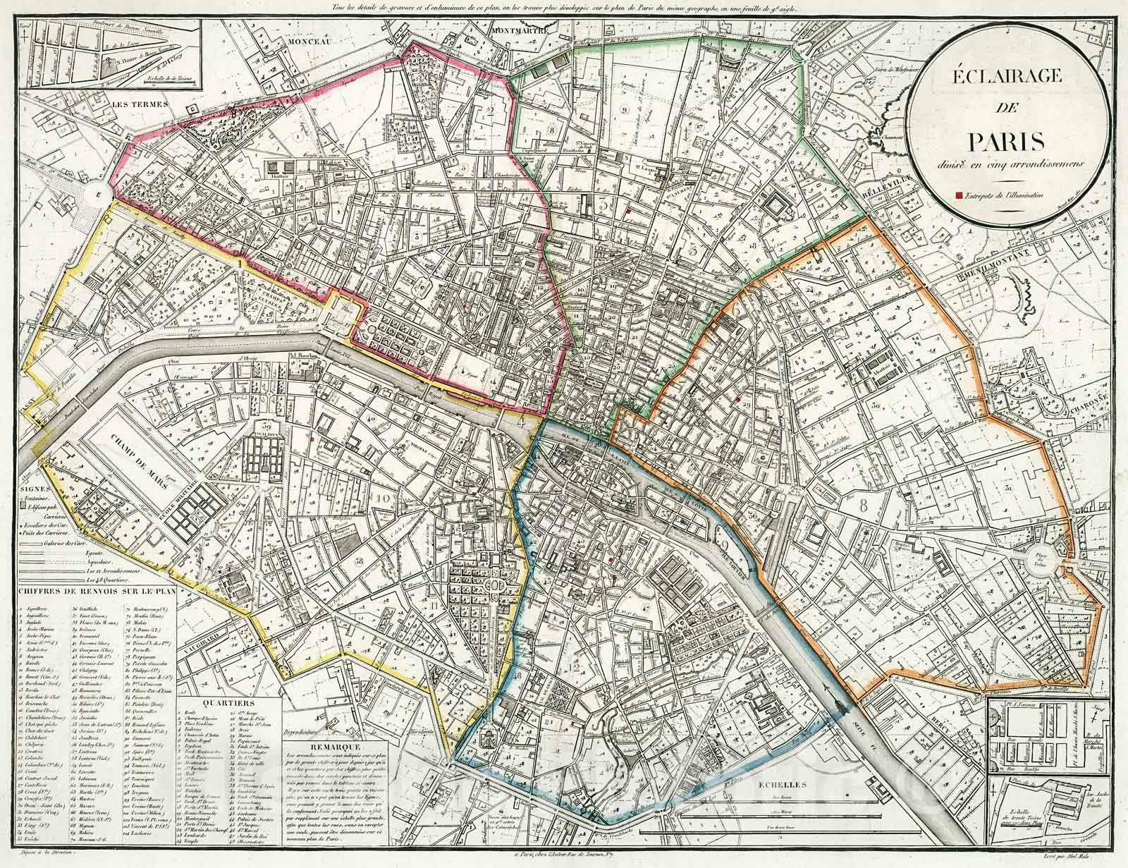 Historic Map : Eclairage de Paris divise en cinq arrondissemens., 1821, Vintage Wall Decor
