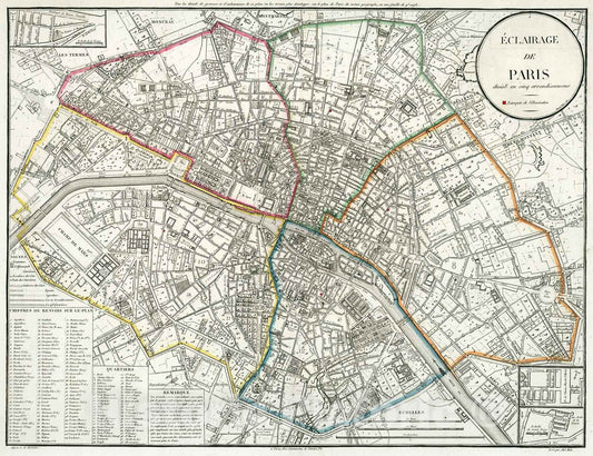 Historic Map : Eclairage de Paris divise en cinq arrondissemens., 1821, Vintage Wall Decor