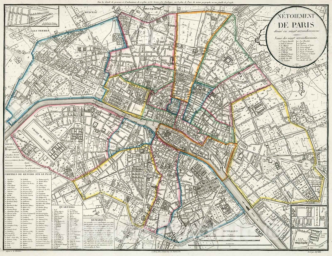 Historic Map : Netoiement de Paris divise en vingt arrondissemens., 1821, Vintage Wall Decor