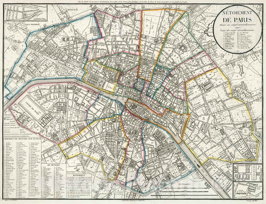 Historic Map : Netoiement de Paris divise en vingt arrondissemens., 1821, Vintage Wall Decor