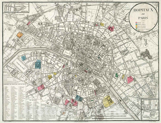 Historic Map : Hopitaux de Paris., 1821, Vintage Wall Decor
